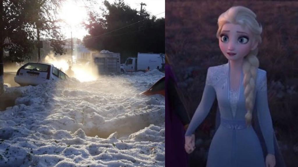 Niña se disfraza de Elsa y aprovecha granizadas para una sesión de fotos
