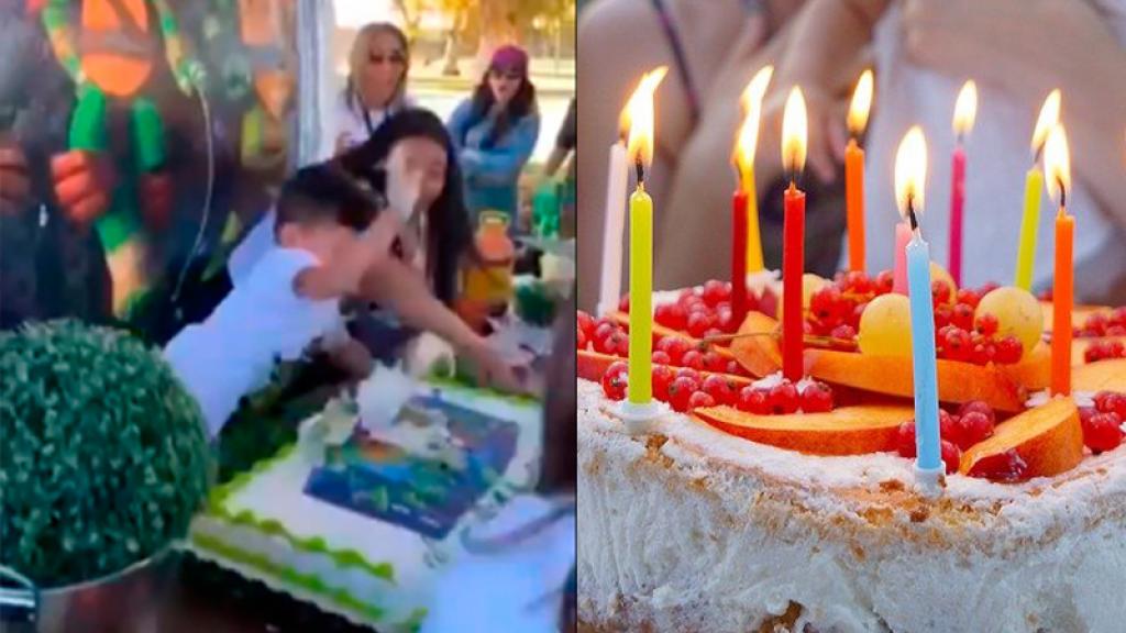 Niño enfurece cuando lo empujan a pastel de cumpleaños y se hace viral